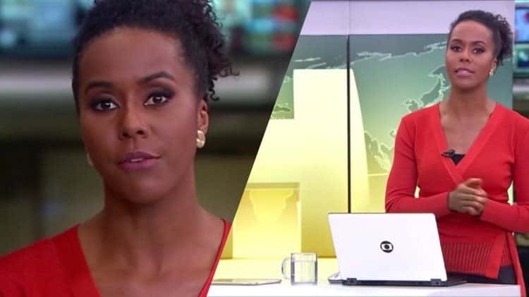 Maju Coutinho é flagrada compenetrada no trabalho e de máscara na bancada do Jornal Hoje na Globo (Montagem: TV Foco)