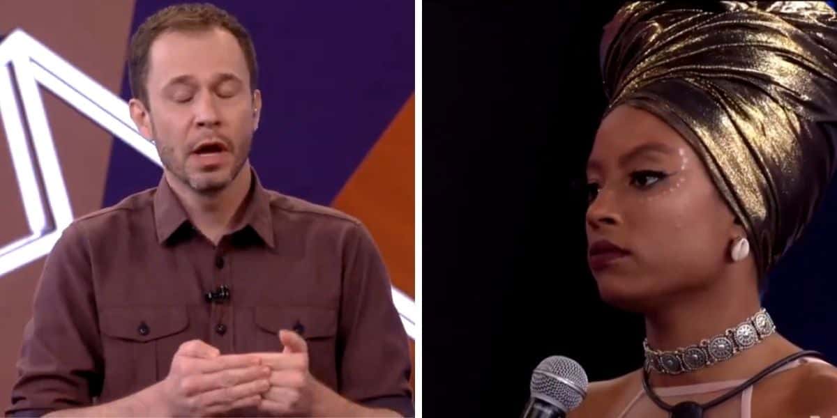 Lumena e Tiago Leifert, após eliminação no BBB21 (Foto: Reprodução / Globo)