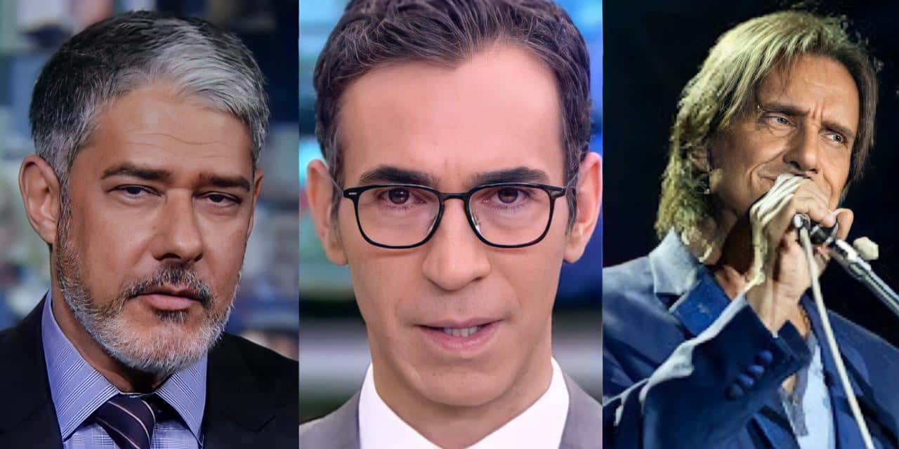 William Bonner e César Tralli na Globo e Roberto Carlos (Reprodução)