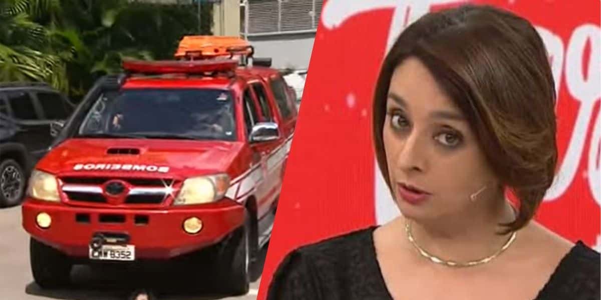 Catia Fonseca e bombeiros chegando à Band (Montagem: TV Foco)