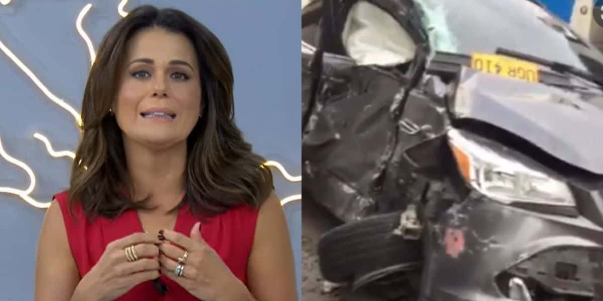 Adriana Araújo e carro de jogador após acidente (Montagem: TV Foco)