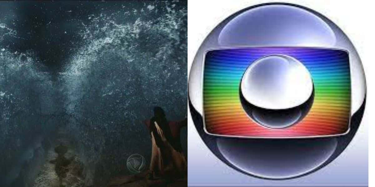 Mar vermelho de 'Os Dez Mandamentos', na Record e o logo da Globo (Reprodução: Montagem TV Foco)