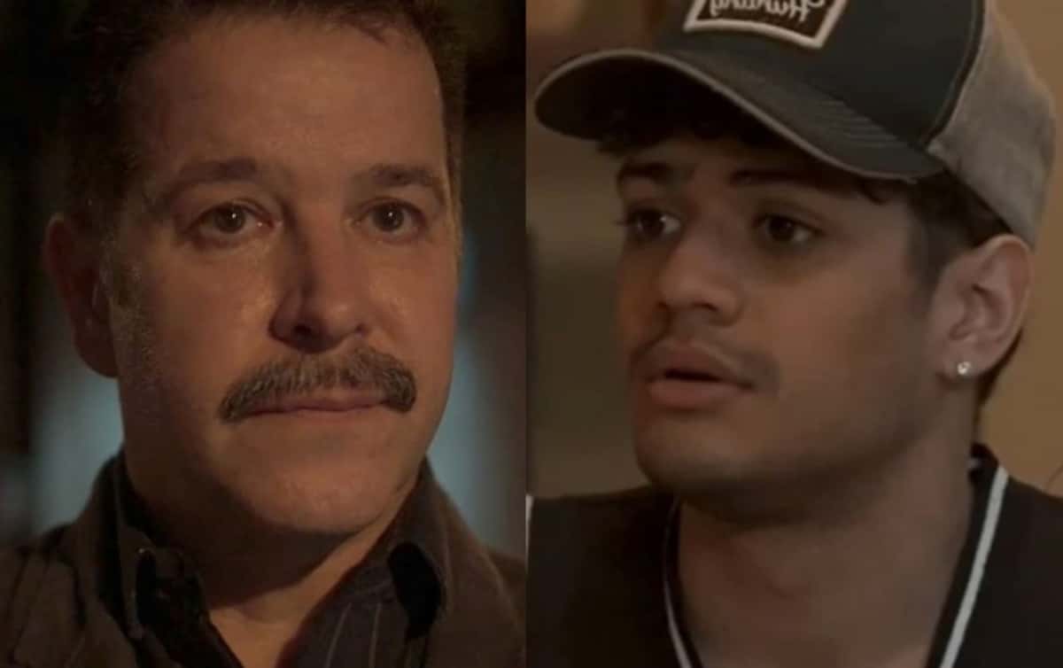 Além do mau-caratismo, Tenório (Murilo Benício) transmitirá sua sede de sangue para Renato (Gabriel Santana) em Pantanal (Foto: Reprodução / Globo)