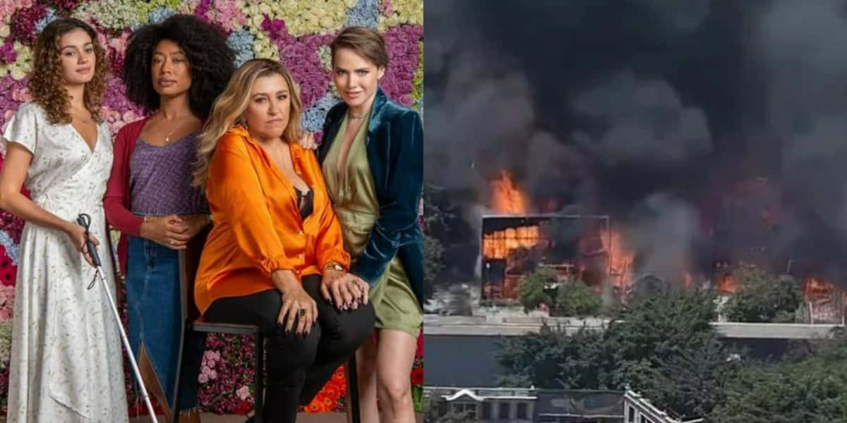 Incêndio tomou conta de cenário de "Todas as Flores" (Foto: Divulgação/TV Globo/Reprodução-Twitter)