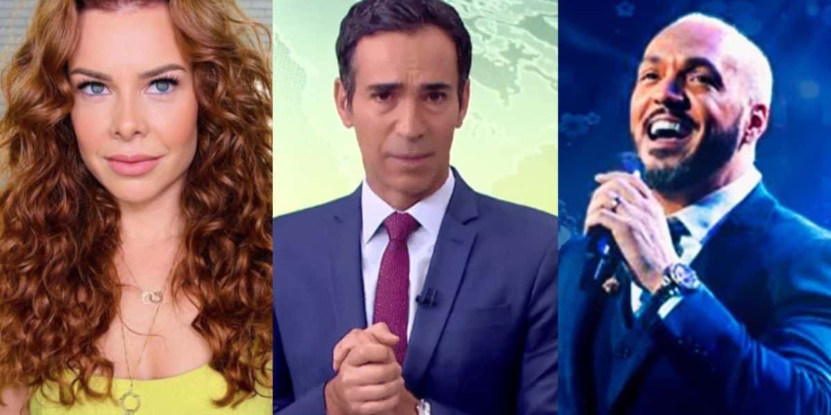 Fernanda Souza, César Tralli e Belo (reprodução)
