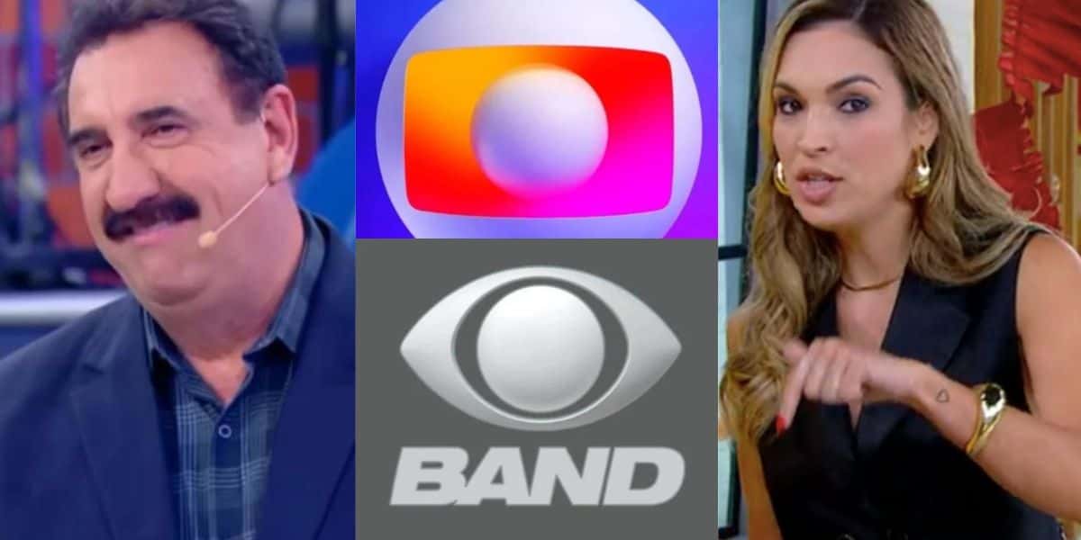 Ratinho, logos emissora e Talitha Morete (Fotos: SBT / Globo e Band)
