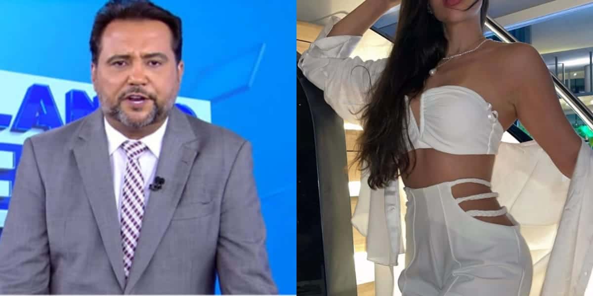 Musa de Geraldo Luís e o jornalista nos estúdios da Record (Reprodução: Montagem TV Foco)