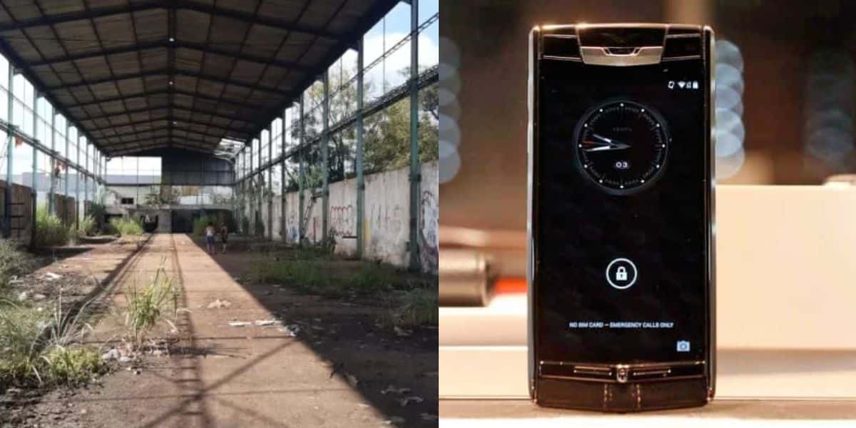 Imagem ilustrativa de fábrica abandonada em colagem com celular da empresa Vertu - Foto Reprodução Internet
