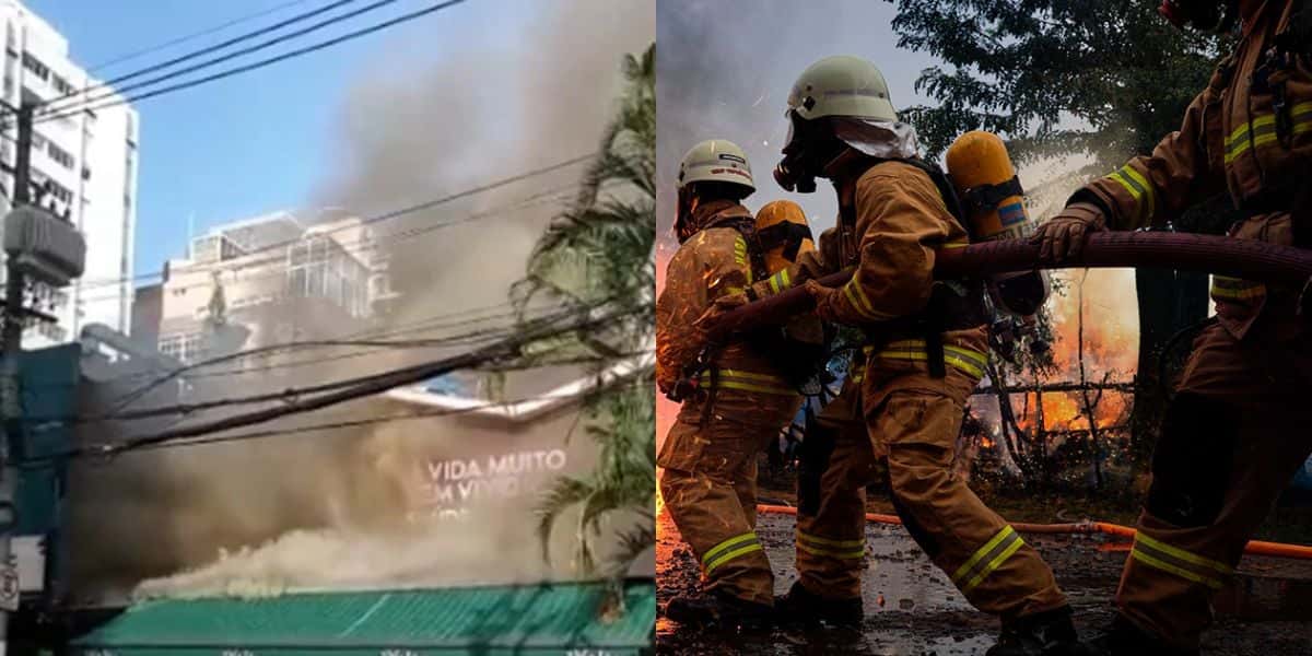 Bombeiros apagando incêndio e ao lado o incêndio no Bar Vaca Véia (Reprodução - Internet)