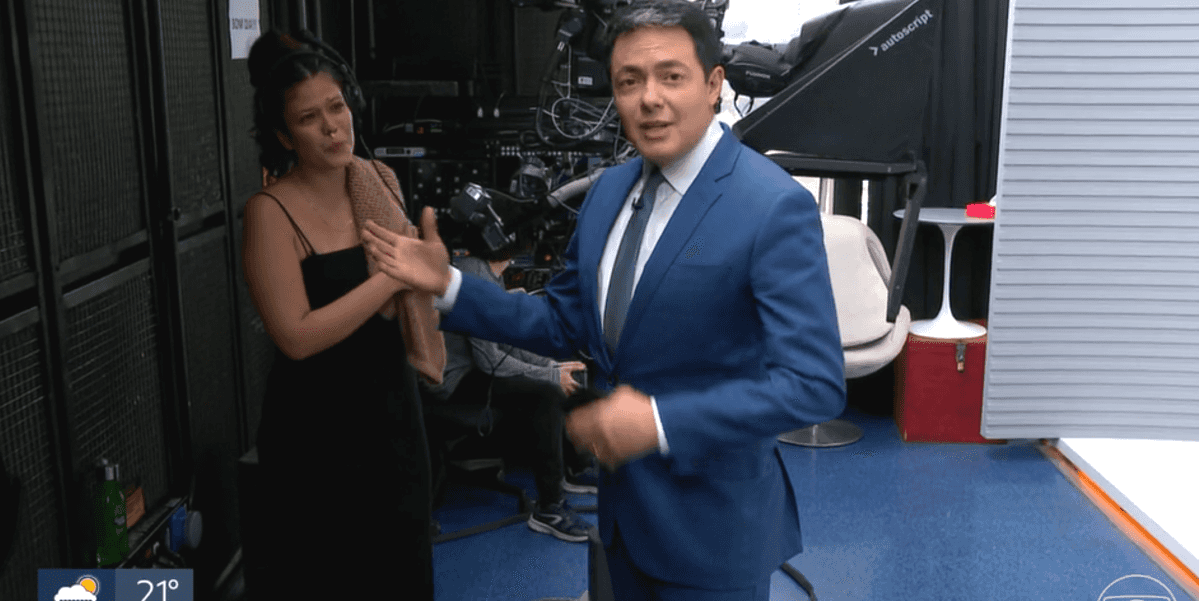 Alan Severiano e Danúzia, nos bastidores do SP1, da Globo (Foto Reprodução/Globoplay)