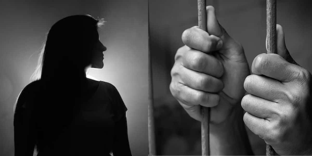 Sombra de mulher em colagem com mãos de pessoa segurando grades de prisão - Foto Reprodução Internet