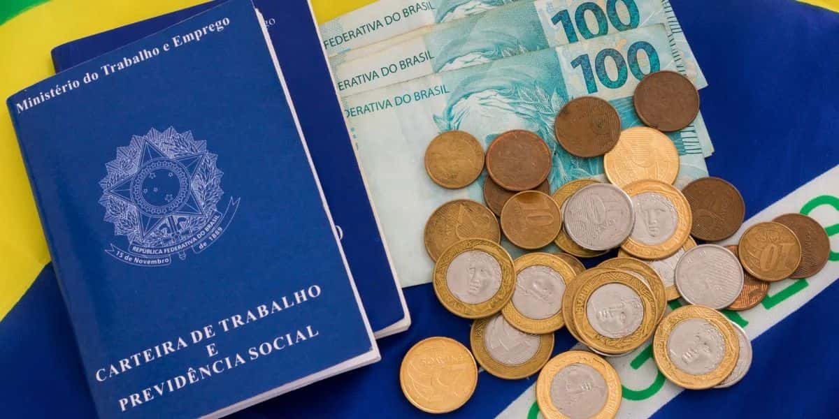 Carteira de trabalho sobre notas de dinheiro e moedas - Foto Reprodução Internet