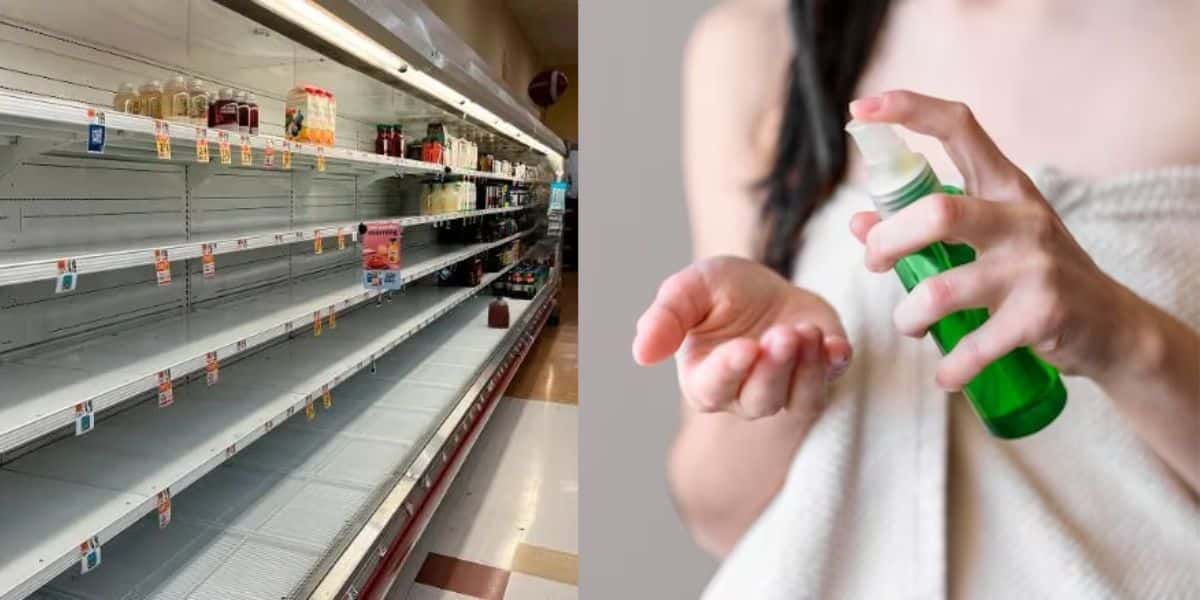 Prateleiras vazias e mulher usando produto para cabelo - Foto Reprodução Internet