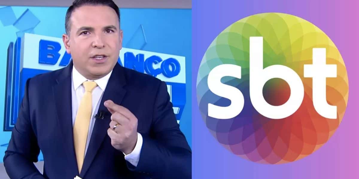 Reinaldo Gottino no Balanço Geral e logo do SBT (Foto: Record)