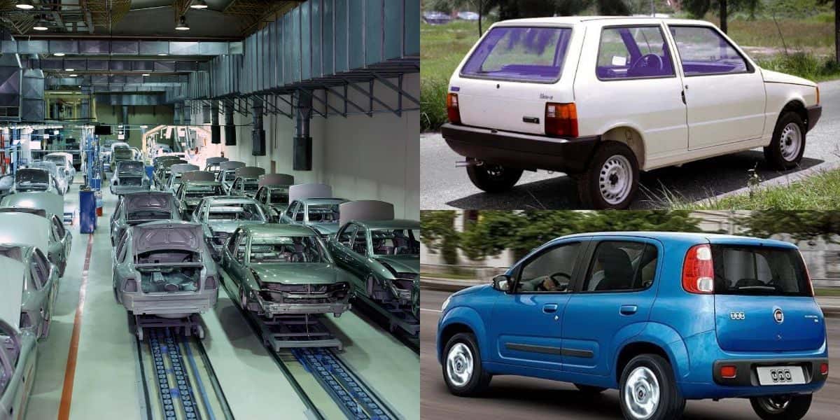 Fábrica de carro e Fiat Uno (Foto: Reprodução / Internet)