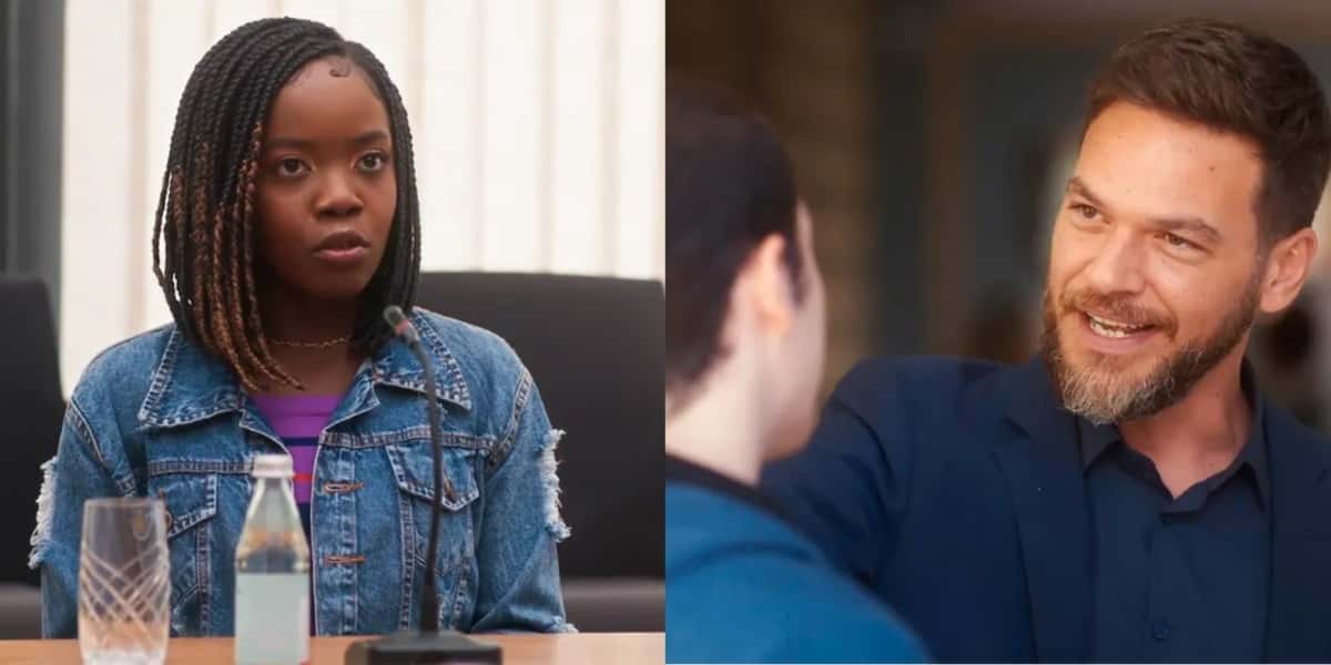 Kate (Clara Moneke) vai depor contra Theo (Emilio Dantas) em "Vai na Fé" (Foto: Reprodução/TV Globo)