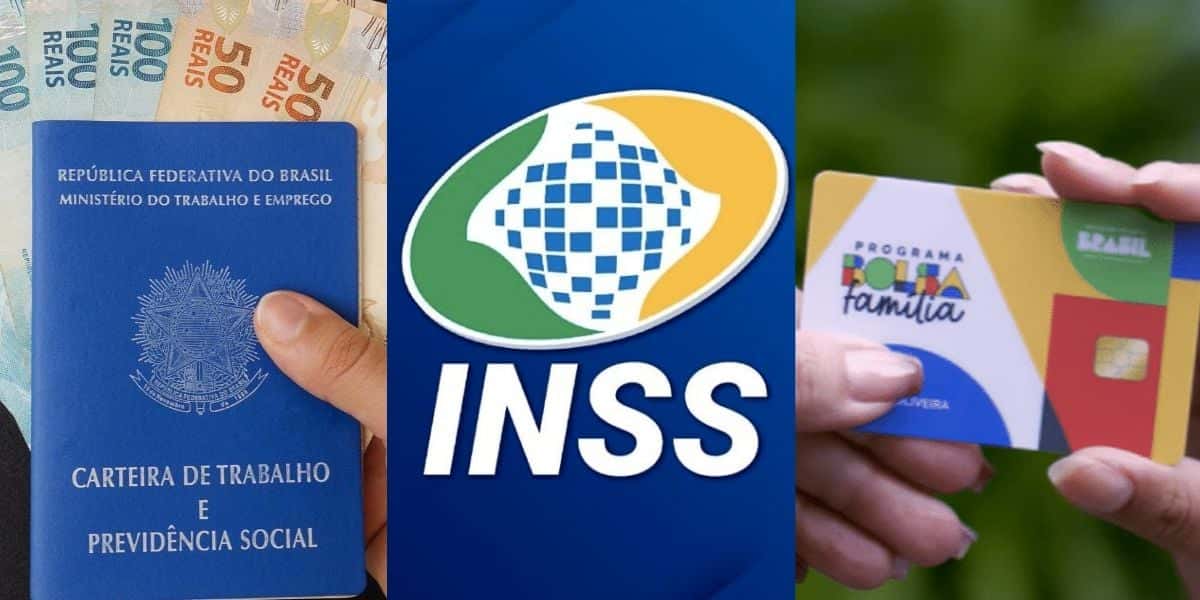 Carteira de trabalho e notas de dinheiro - INSS - Cartão do Bolsa Família (Fotos: Reproduções / Internet)