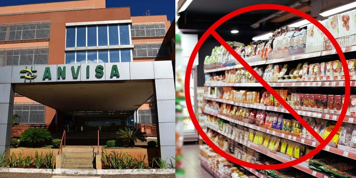 Fachada da Anvisa e prateleiras de mercado com alimento proibido - Foto Reprodução Internet