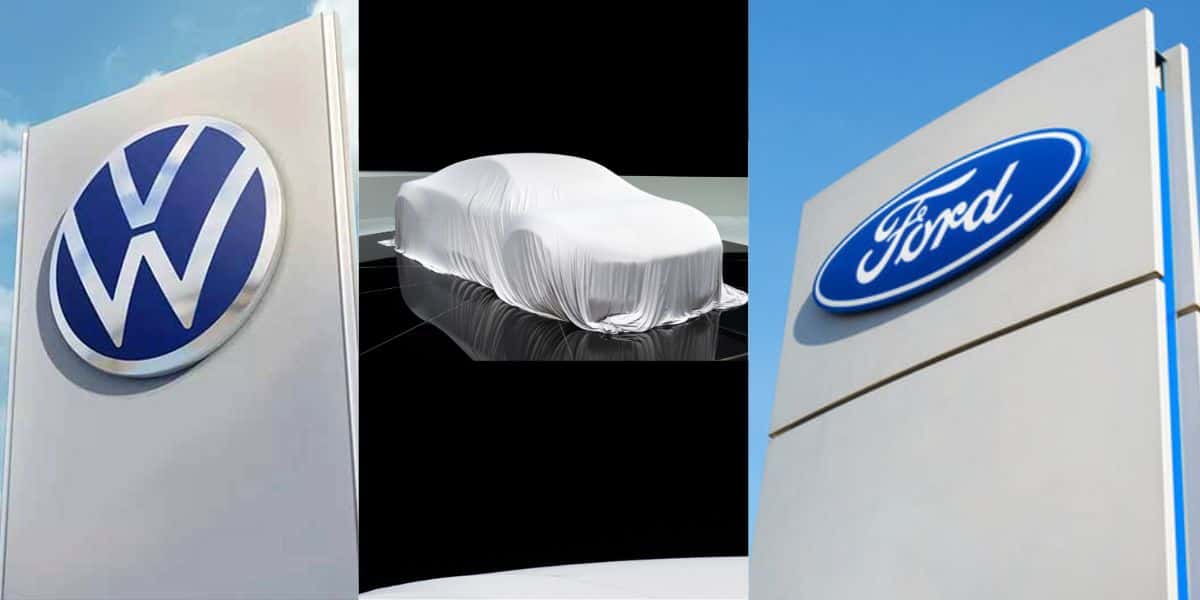 Logo da Ford e Volkswagen e carro coberto - Foto Reprodução Internet