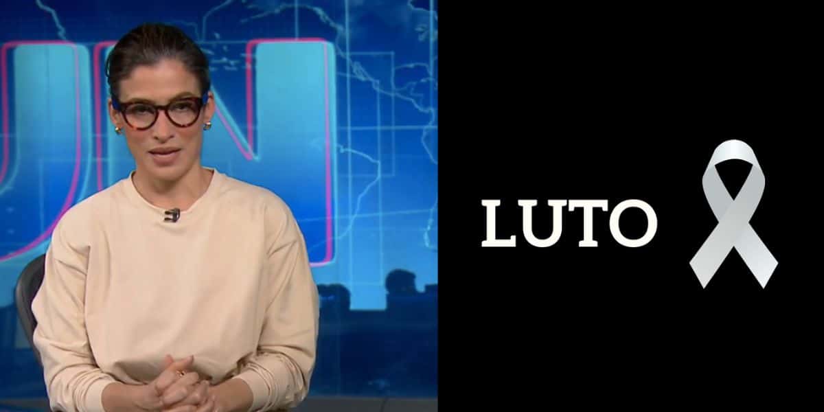 Renata Vasconcellos no Jornal Nacional e imagem de luto (Fotos: Reproduções / Globo / Internet)