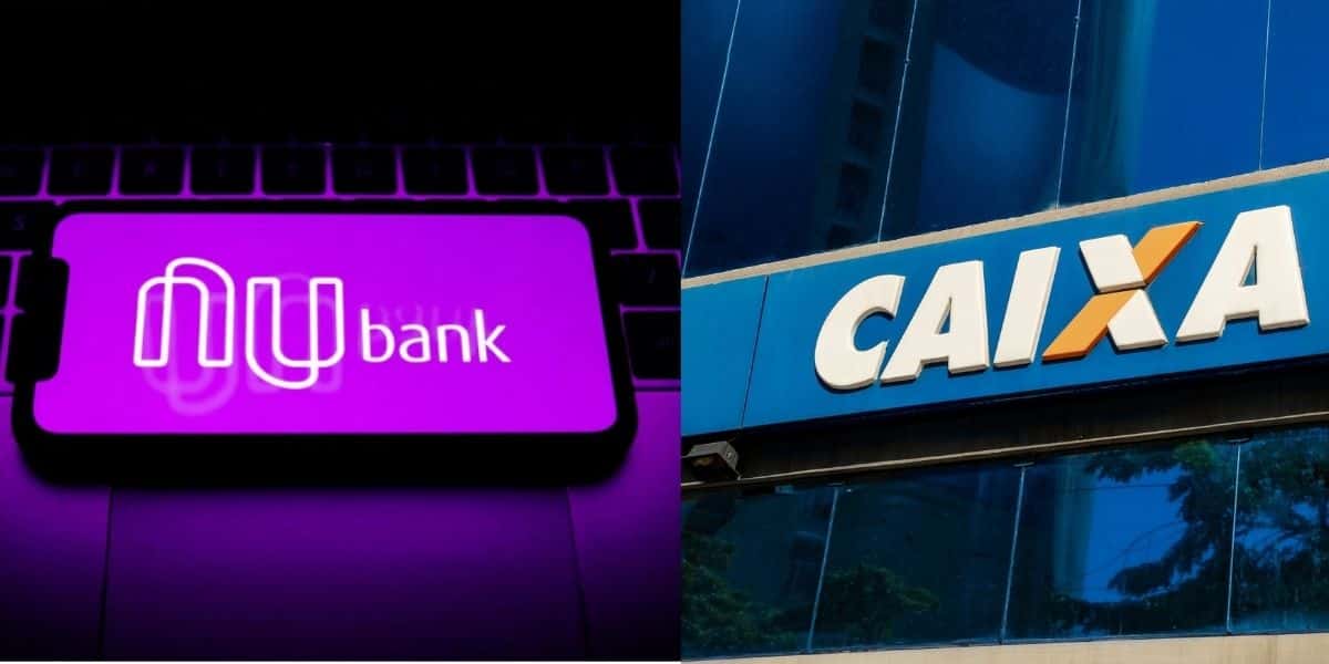 Celular com app do nubank, fachada da caixa econômica - montagem: Tv foco