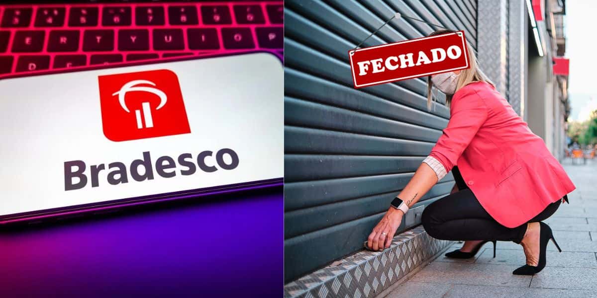 Logo do Bradesco em celular e mulher fechando estabelecimento - Foto Reprodução Internet