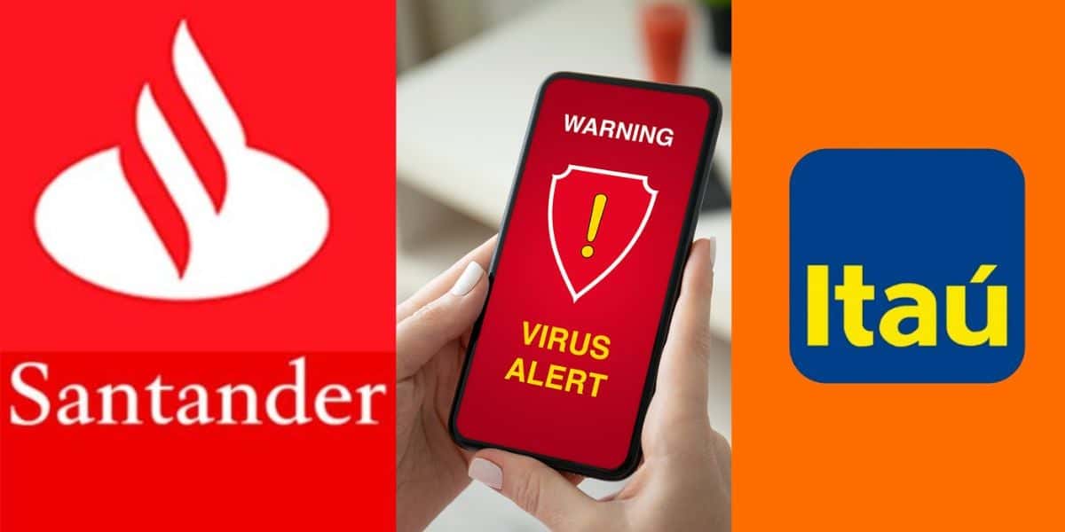Logo do Itaú e Santander, e celular com vírus - Foto Reprodução Internet