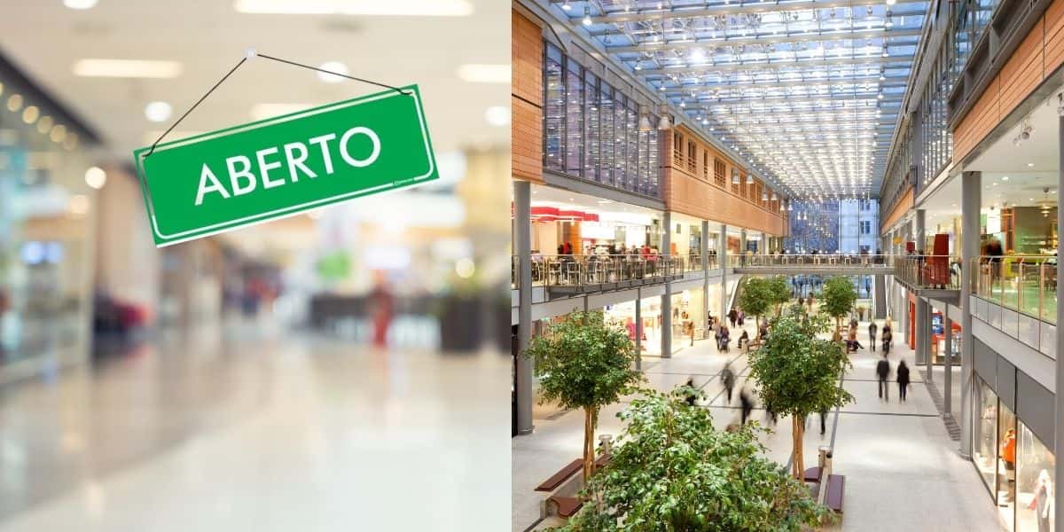 Lojas com placa de aberto e shoppings - Foto Reprodução Internet