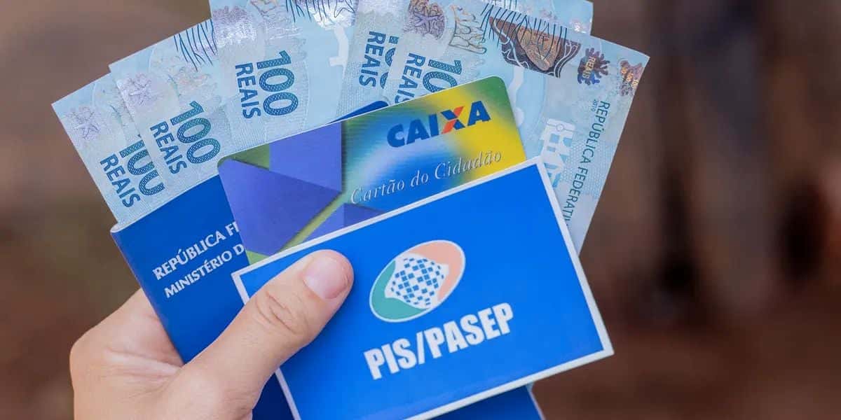 Pessoa segurando cartão do PIS/Pasep, carteira de trabalho, cartão da caixa e dinheiro (Foto: FDR)