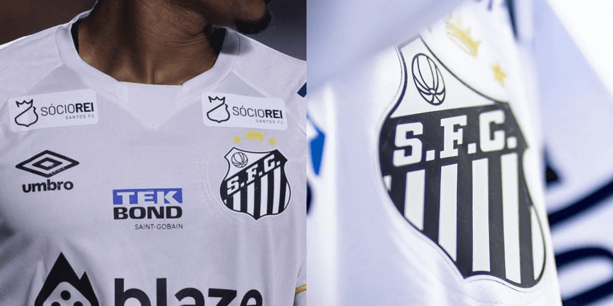 Jogador do Santos e logo do clube. Foto: Reprodução/Internet