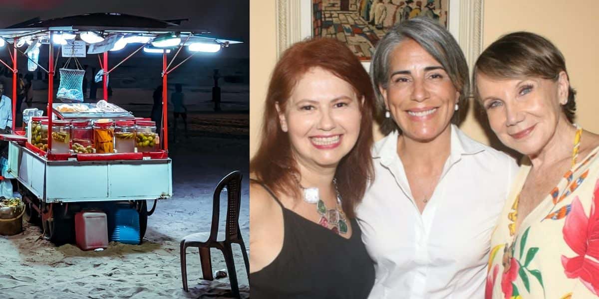 A atriz, Narjara Turetta, Gloria Pires e carrinho de ambulante em praia - Foto Reprodução Canva