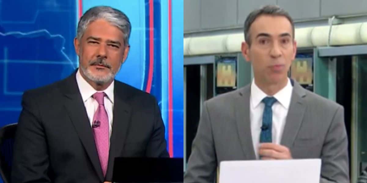 William Bonner no Jornal Nacional e César Tralli no Jornal Hoje (Fotos: Reproduções / Globo)