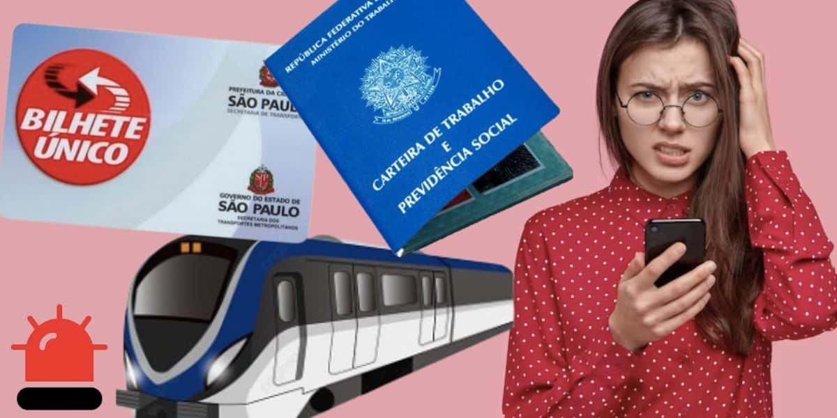 Bilhete único, carteira de trabalho e pessoa chocada (Fotos: Reproduções / Internet / Freepik)