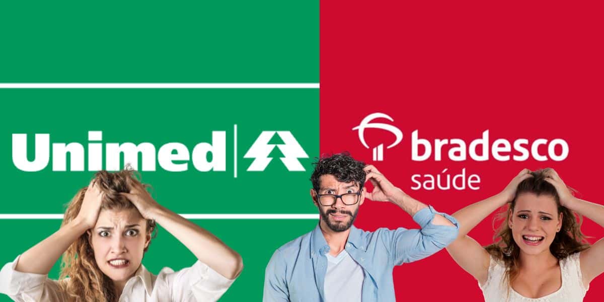 Logo da Unimed e do Bradesco Saúde, e clientes desesperados - Foto Reprodução Internet