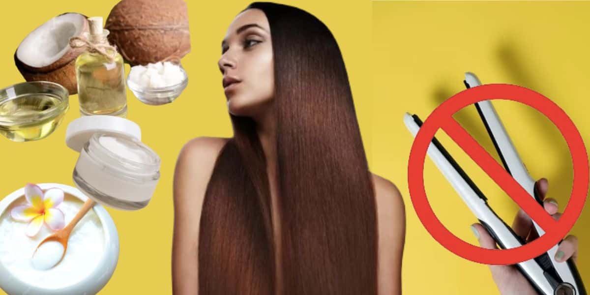 Mulher com cabelo liso, produtos e chapinha (Fotos: Reproduções / Freepik)