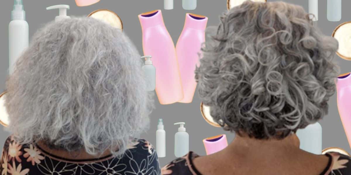 Produtos de cabelo e mulher grisalha antes e depois de cuidado (Fotos: Reproduções / Freepik / Studio dos cachos)