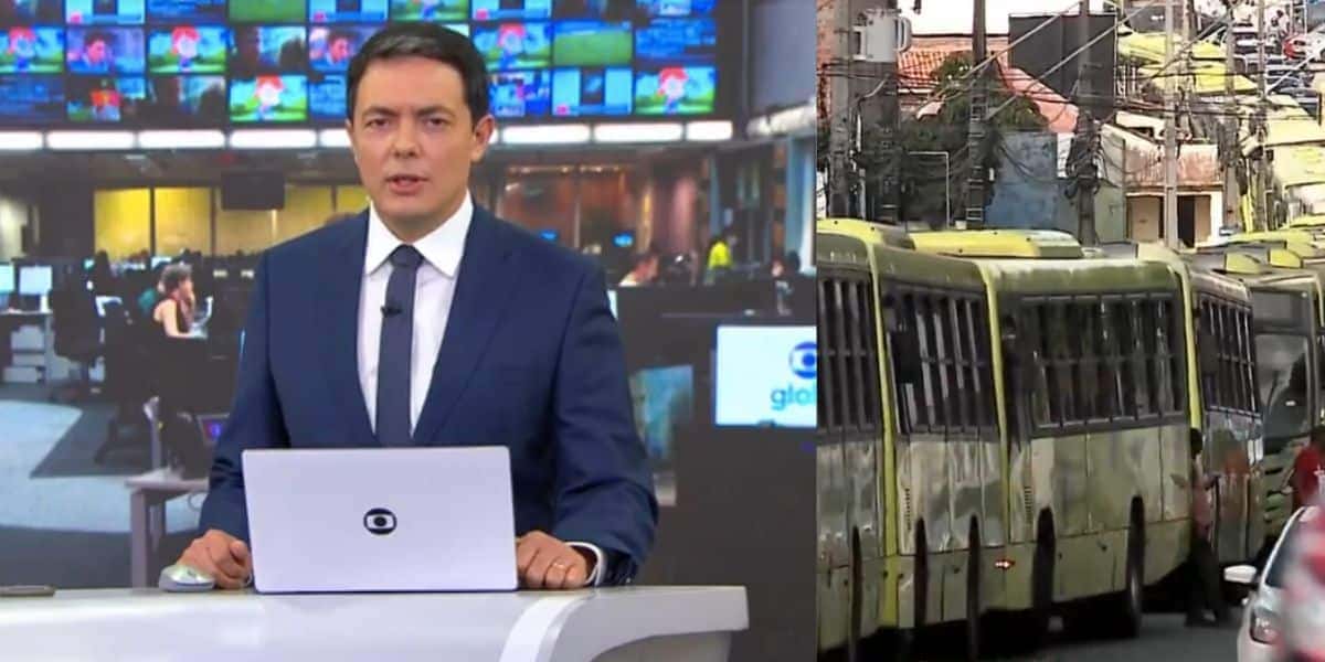Alan Severiano no Jornal Hoje e ônibus parados (Fotos: Reproduções / Globo)
