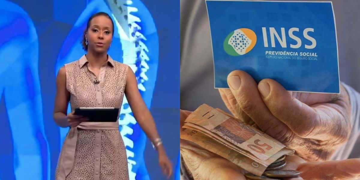 Maju Coutinho no Fantástico e beneficiário segurando cartão do iNSS e dinheiro (Fotos: Reproduções / Internet)