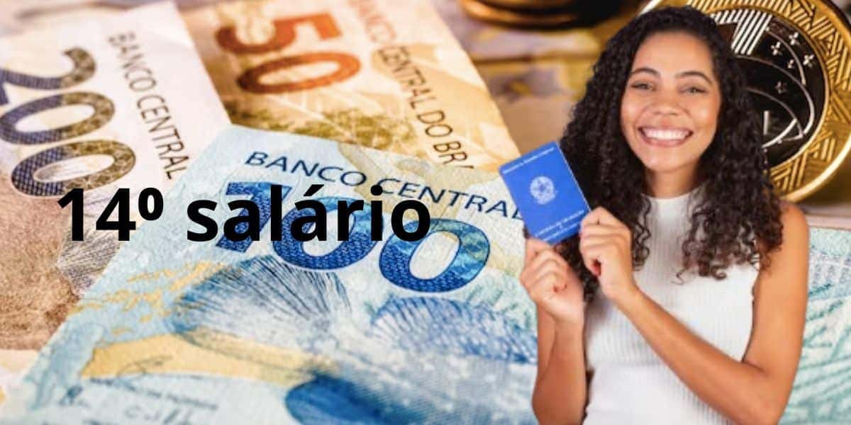 Notas de dinheiro, mulher com carteira de trabalho e 14⁰ salário (Fotos: Reproduções / Freepik / Canva)