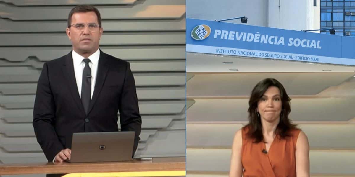Rodrigo Bocardi e Ana Paula Araújo no Bom Dia Brasil e unidade da previdência social (Fotos: Reproduções / Globo)
