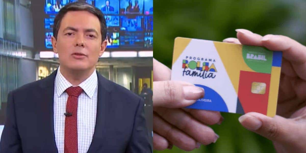 Alan Severiano no Jornal Hoje e pessoa segurando cartão do Bolsa Família (Fotos: Reproduções / Globo / Internet)