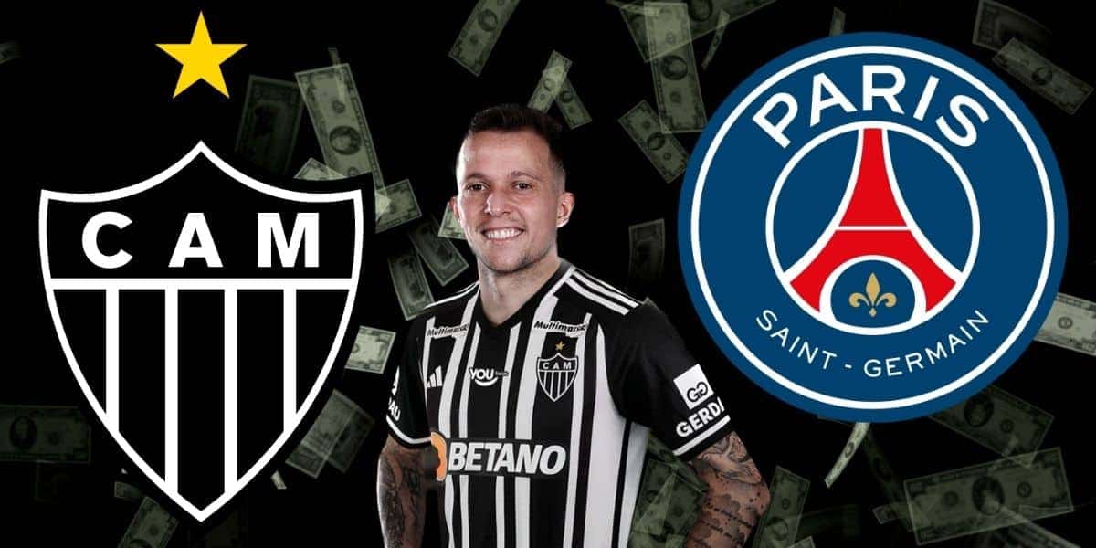 Bernard, escudo do PSG e Atlético-MG (Foto - Montagem TV Foco)