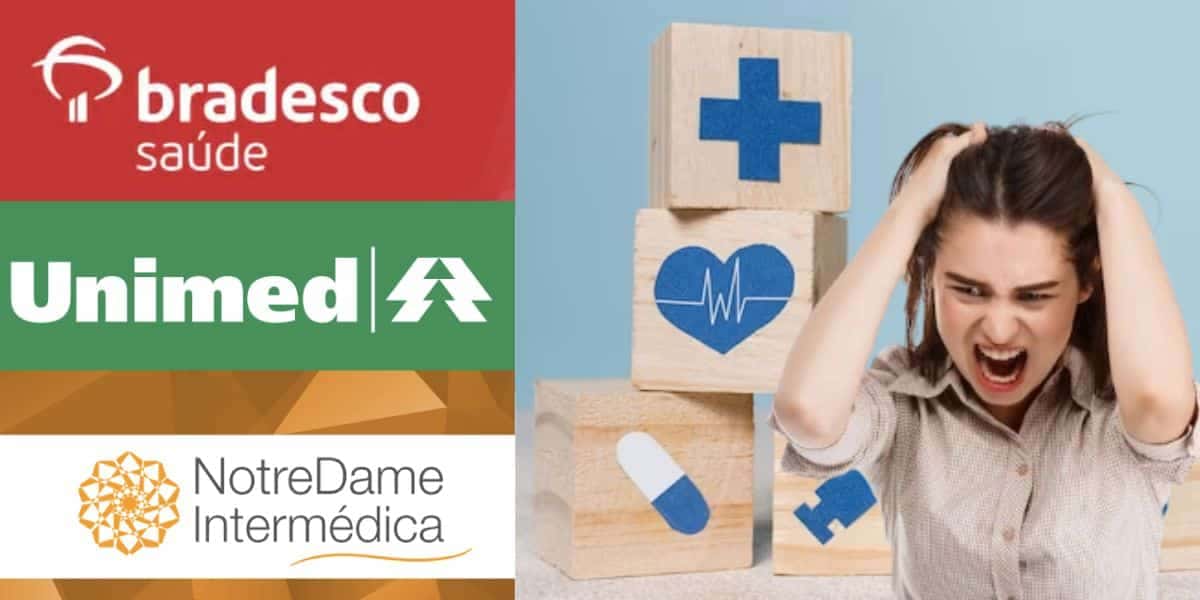 Bradesco Saúde, Unimed, Notredame, ilustração de plano de saúde e mulher brava (Fotos: Reproduções / Internet / Freepik / Montagem)