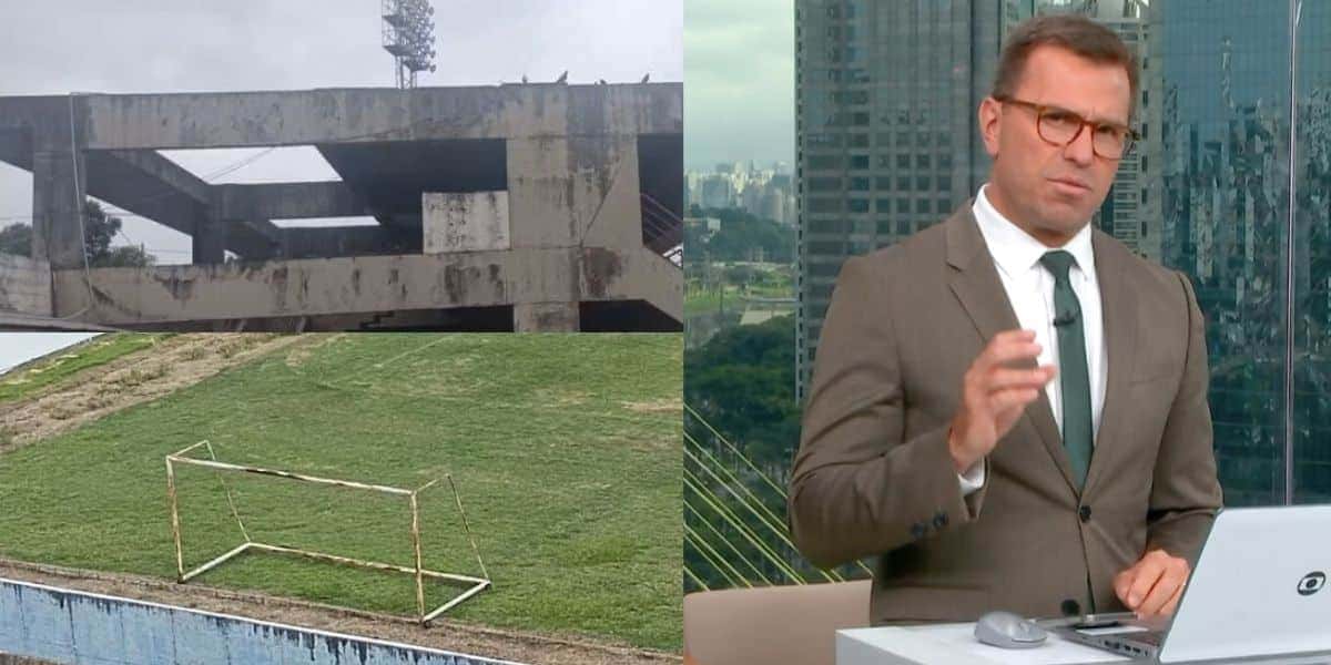 Estádio de futebol e Rodrigo Bocardi no Bom Dia São Paulo (Fotos: Reproduções / Globo)