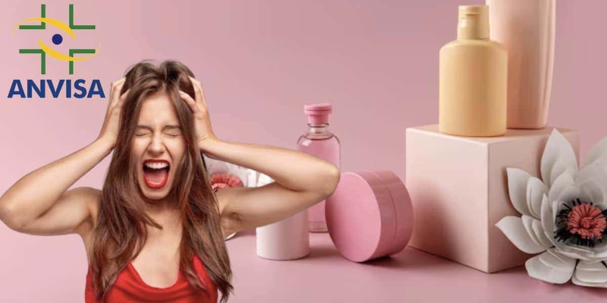 Logo Anvisa, mulher assustada e produtos de beleza (Fotos: Reproduções / Freepik / Internet)