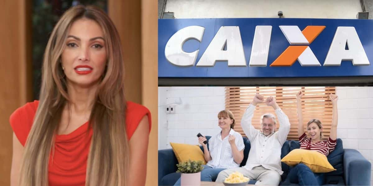 Patrícia Poeta no Encontro, Caixa e pessoas celebrando (Fotos: Reproduções / Globo / Freepik)