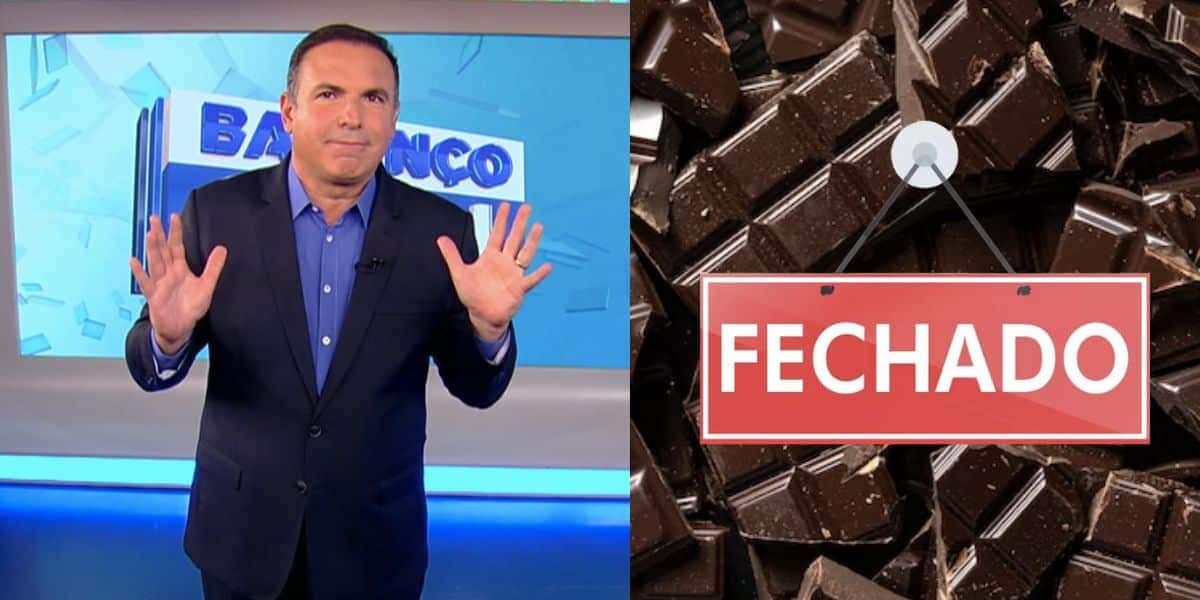 Reinaldo Gottino no Balanço Geral, chocolate e placa de fechado (Fotos: Reproduções / Record / Freepik)