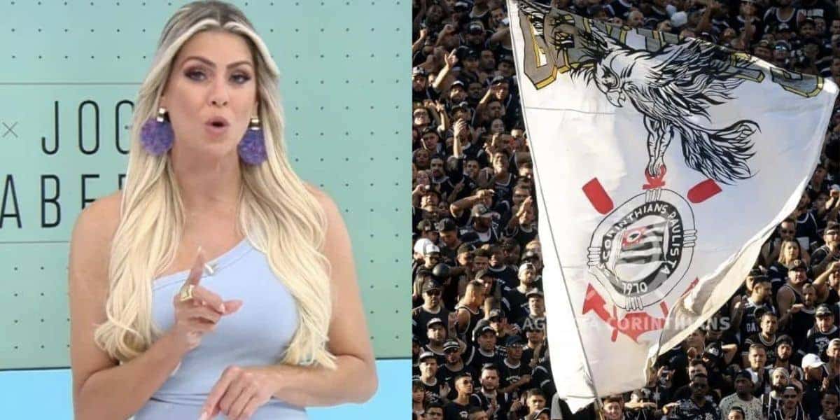 Renata Fan durante o Jogo Aberto e torcida do Corinthians (Fotos: Reproduções / Band / Rodrigo Coca/Agência Corinthians)