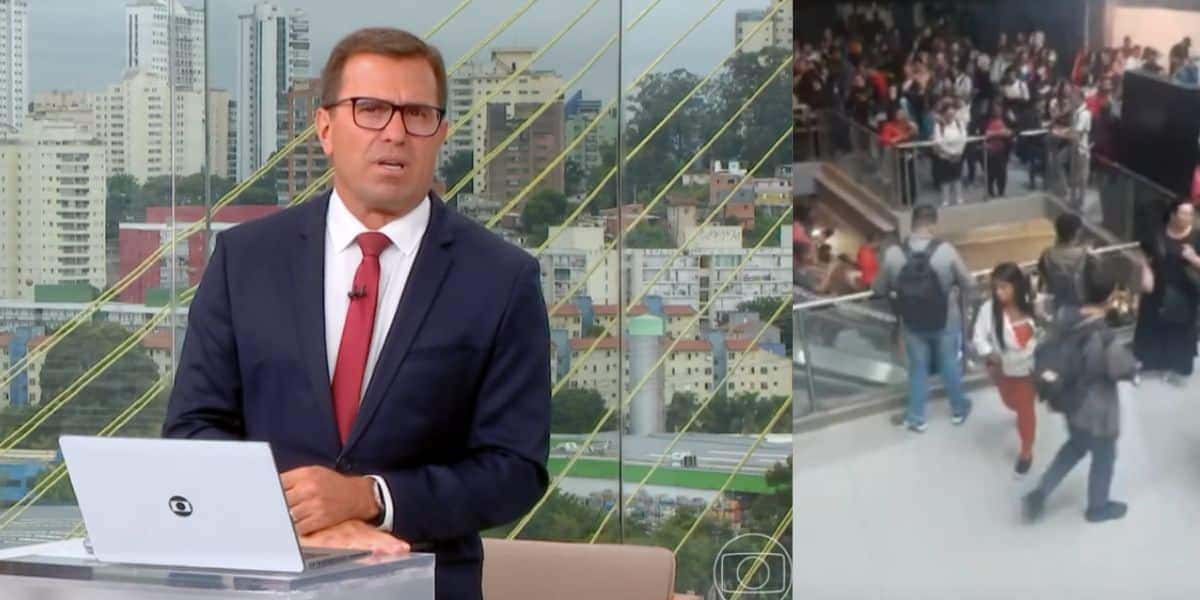 Rodrigo Bocardi no estúdio do Bom Dia São Paulo e passageiros em estação do Metrô (Fotos: Reproduções / Globo)