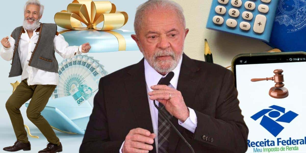 Idoso feliz com presentão, Lula assinando nova lei e Receita Federal (Foto: Reprodução / Canva)